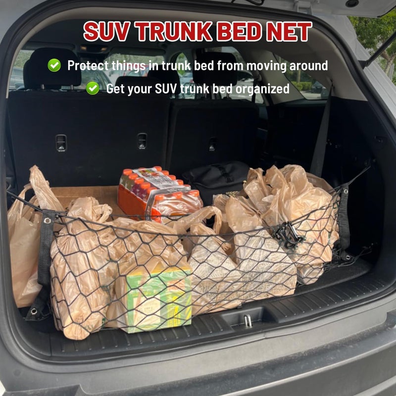 RED WOLF Envelope Style Stretchable Truck Cargo Net for Toyota Subaru Honda Dodge Ford Chevy Trunk Bed Net Mesh Organizer SUV Rear Tailgate Netting for Middle SUV 43.3 x 15.7 inch with Hooks - Image 2
